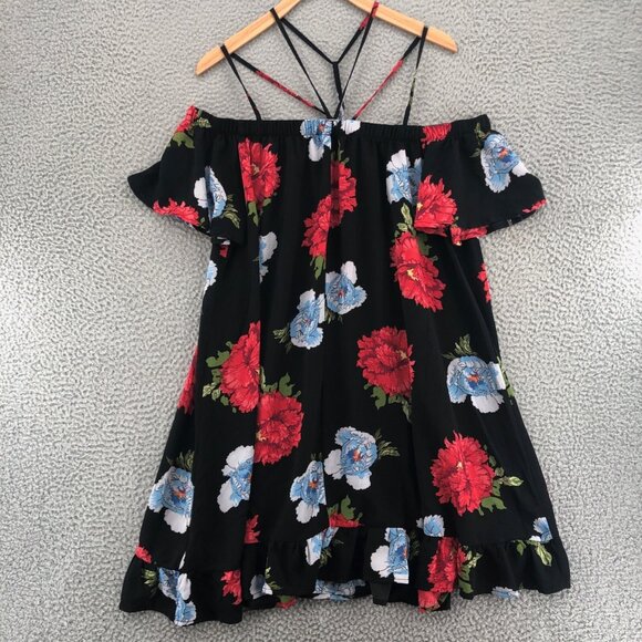 Jodifl Dress Womens Large Red Multi Floral Tent Swing Mini Off Shoulder Strappy - Picture 3 of 10